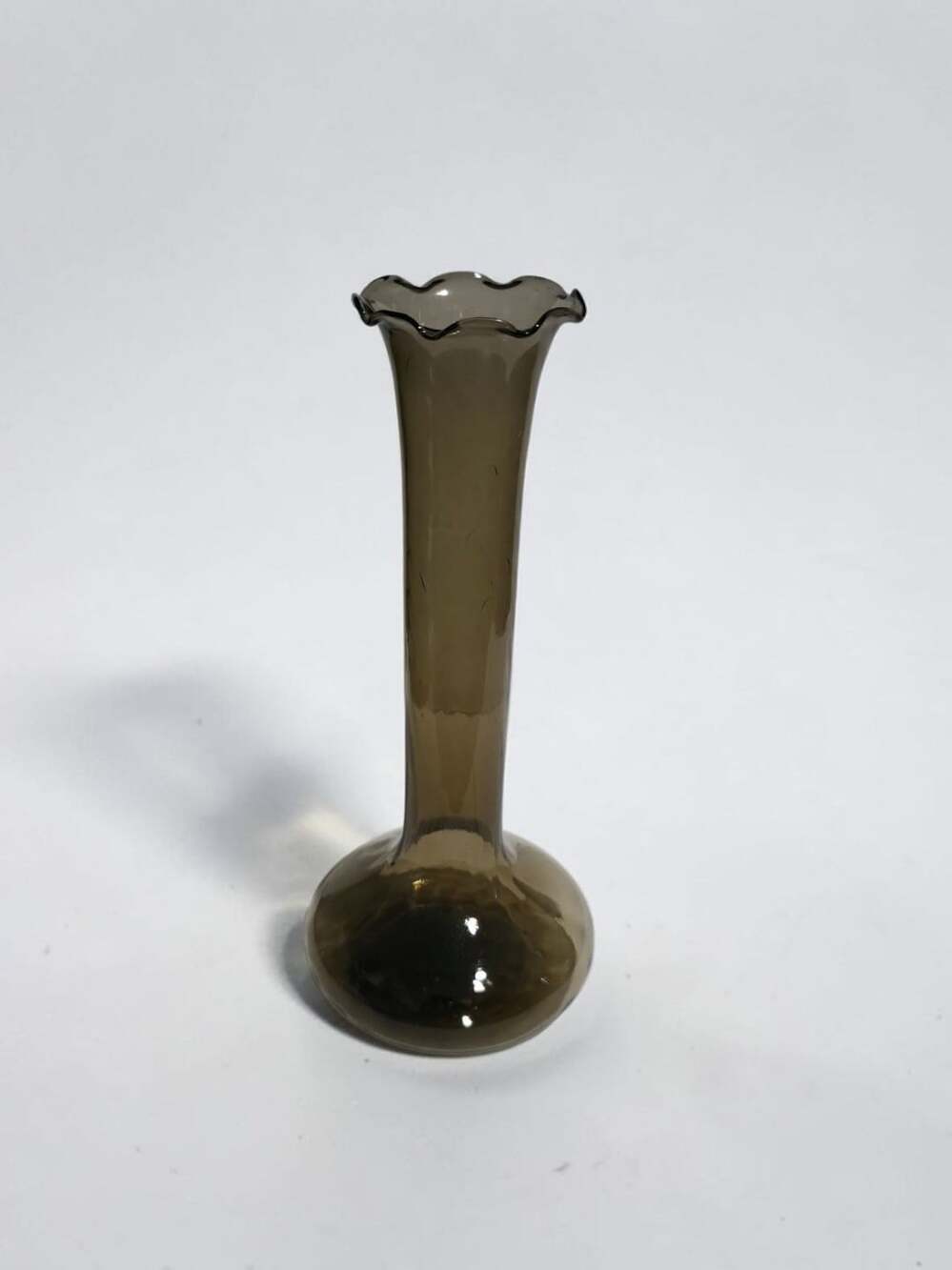 Vintage Murano Smokey Brown Glass Bud Vase Ruffled Rim